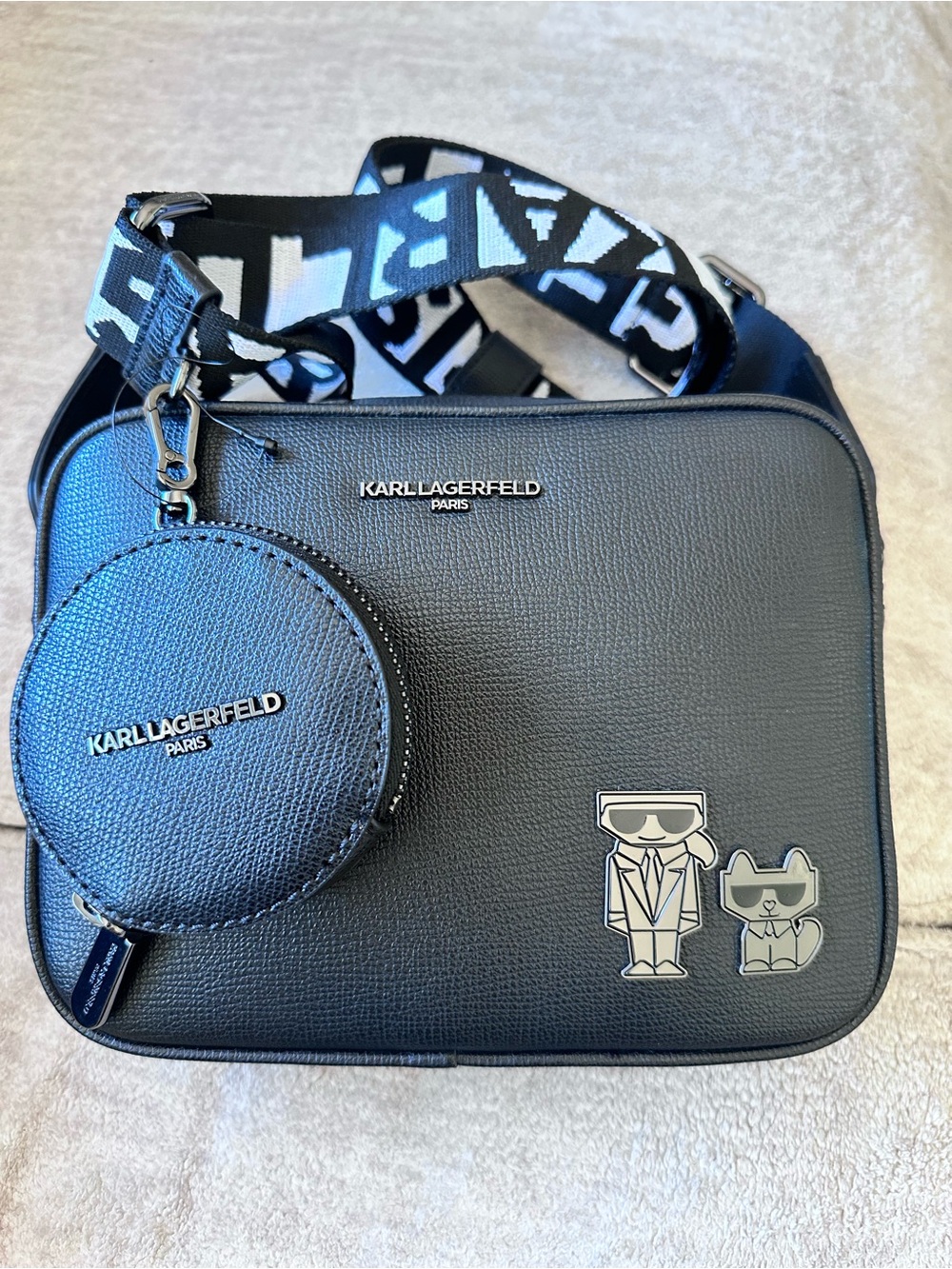 Karl Lagerfeld Black Leather Crossbody Bag with Coin Pouch